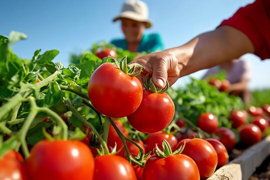 Tomato Growing, Farming, and Harvest visualized in a field where rows of tomato plants stretch out, with farm workers carefully picking ripe tomatoes