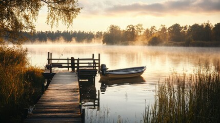 Misty Morning Sunrise on a Calm Lake with a Wooden Dock and a Boat