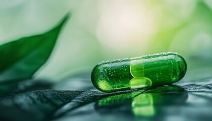 Natural vitamin capsules with green leaves  a fresh approach to alternative medicine solutions