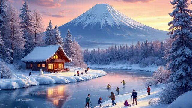 Enchanting winter scene at Mount Fuji's base. Skaters glide on frozen lake, families build snowmen, and friends have snowball fights. Warm glow from cabin window suggests cozy kotatsu inside. 