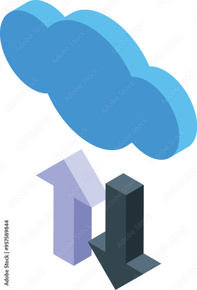 Poster this isometric icon represents the concept of cloud computing with data transferring, downloading, a