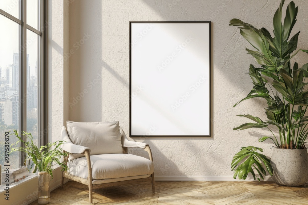 Poster poster frame in beige minimalist living room interior created with generative ai