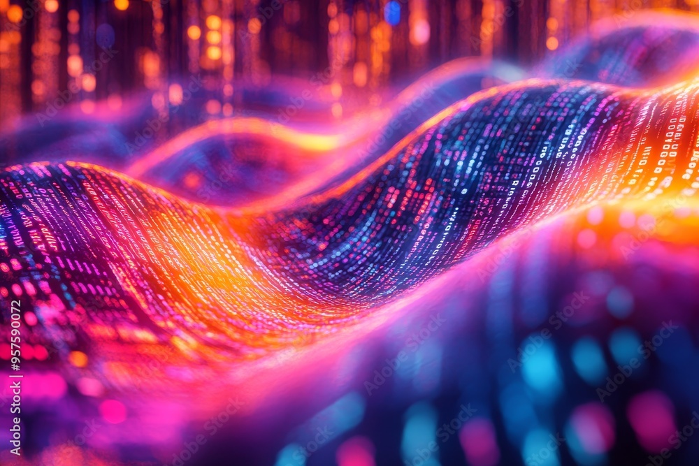Poster vibrant neon binary code grid against a dynamic swirling abstract shape background
