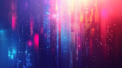Abstract technology background with blurred cityscape and geometric shapes in red and blue hues.