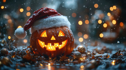 Naklejka premium Jack-o-lantern in Santa Claus hat on dark blurred background with lights, Halloween, Christmas, symbol, holiday, celebration, November, December, card, pumpkin, lantern, scary face, New Year, October