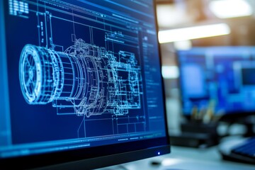 Close up of engineer s computer screen with intricate blueprints and advanced 3d design software