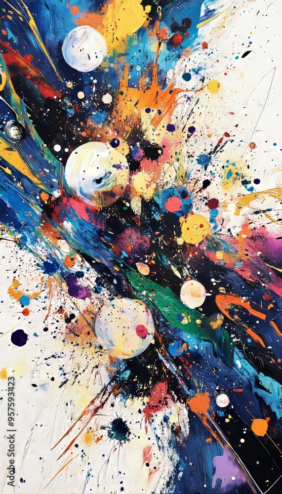 Poster dynamic abstract artwork representing the universe with vibrant colors and expressive brush strokes