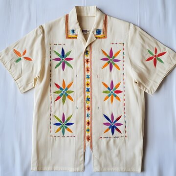 90. **Cuban guayabera shirt pattern with embroidered, geometric designs.**