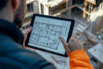 Engineer utilizing 5g technology to download architectural plans and 3d models on construction site