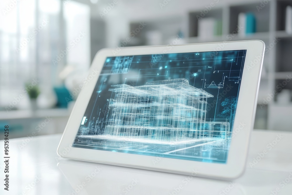 Aufkleber digital tablet with blueprints and holographic projection for modern architectural design