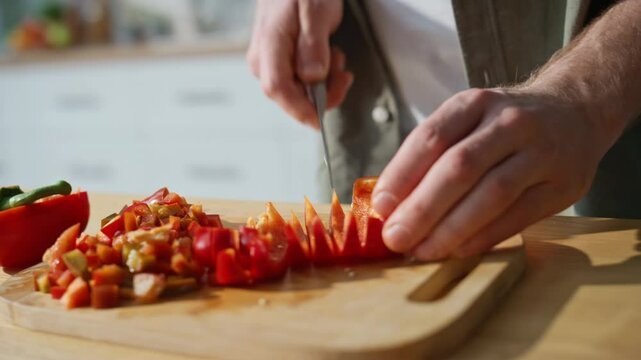 Unknown man slicing vegetables on chopping board home kitchen closeup. Guy hands