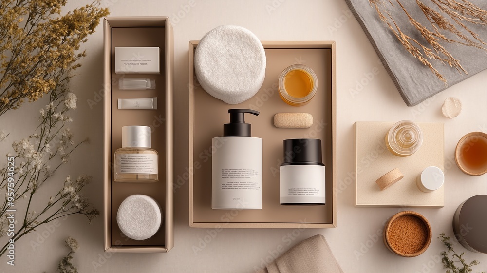 Poster elegant arrangement of skincare products in minimalistic packaging on a soft backdrop with dried flo