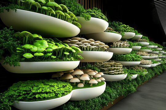 Mushroom Farm Hydroponic, Shelves, and Urban visualized in an urban farm where mushrooms grow hydroponically on stacked shelves, maximizing space and efficiency in a city setting