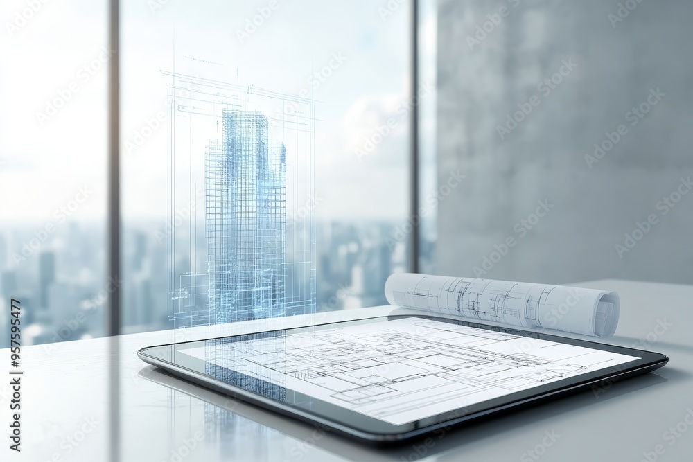 Wall mural digital tablet displaying skyscraper blueprint in modern room with holographic projection