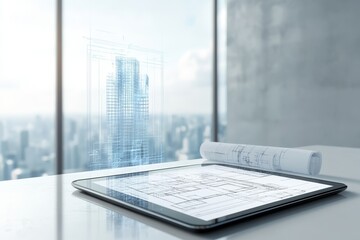 Digital tablet displaying skyscraper blueprint in modern room with holographic projection