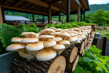 Mushroom Farm Shiitake, Logs, and Eco-friendly depicted in a farm where Shiitake mushrooms grow on logs, with the surrounding environment maintained in an eco-friendly manner