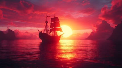 Fototapeta premium Sunset casting a golden glow on the deck of a pirate ship picture