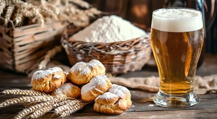 Golden beer and freshly baked goods with wheat grains on rustic wooden table.