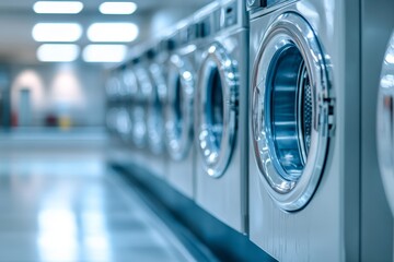 Wide banner mockup of an organized laundry room with washing machines and ample copy space