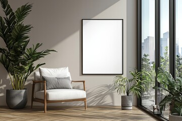 Poster Frame in Beige minimalist living room interior created with generative AI