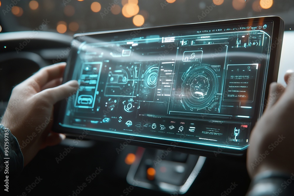 Poster man interacting with a 3d rendered smart car dashboard interface in a photographic shot