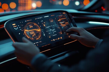 Man interacting with a futuristic smart car dashboard interface in a 3d rendered scene