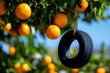 Orange tree with a tire swing hanging from one of its branches, captured in a photo where a tire swing hangs playfully from the treeâ€™s branches, evoking a sense of nostalgia and childhood joy