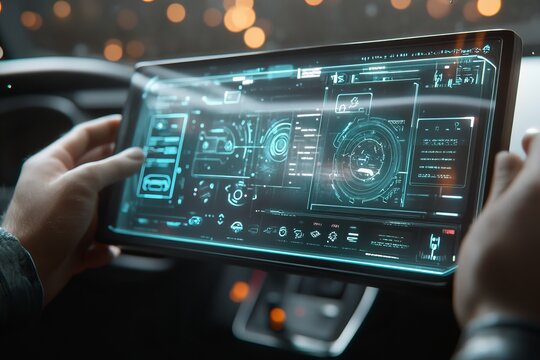 Man interacting with a 3d rendered smart car dashboard interface in a photographic shot