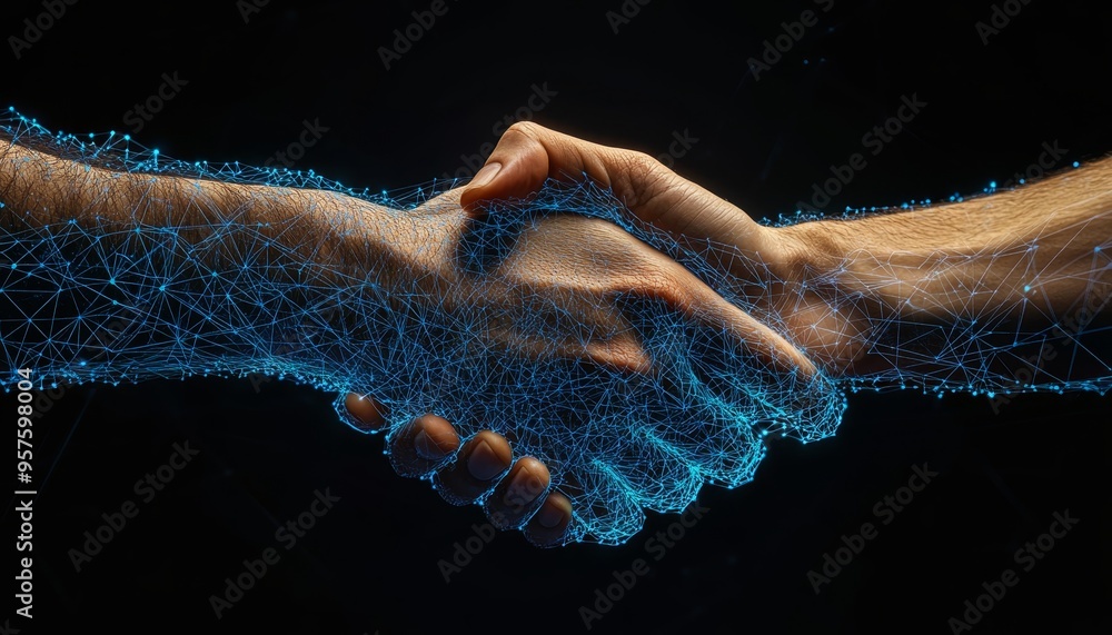 Poster digital handshake two hands engaging in a technological agreement with wireframe design