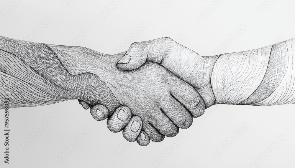 Poster artistic representation of a handshake in diverse line styles symbolizing unity and agreement