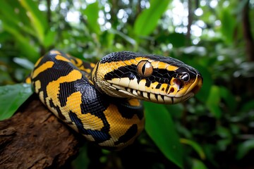 Snake Boa, Large, and Jungle shown in a dense jungle where a giant boa constrictor winds its way through the trees, its sheer size and power evident as it moves effortlessly through the undergrowth