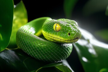 Snake Green, Jungle, and Sunlight depicted in a vibrant jungle where a green snake basks in a patch of sunlight filtering through the canopy, its scales glowing in the light