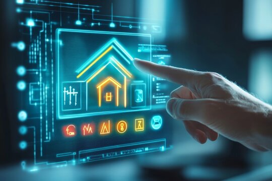 Businessman interacting with energy efficiency icons on virtual screen for property audit insights