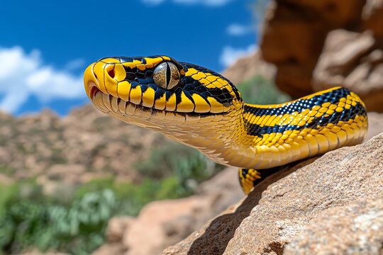 Snake Python, Golden, and Rocky Terrain visualized in a rugged, rocky landscape where a golden python slithers across the stones, its scales shimmering in the sunlight