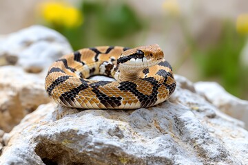 Obraz premium Snake Rattlesnake, Rocky Terrain, and Danger depicted in a rocky outcrop where a rattlesnake lies in wait, its rattle raised as a warning to any who dare approach