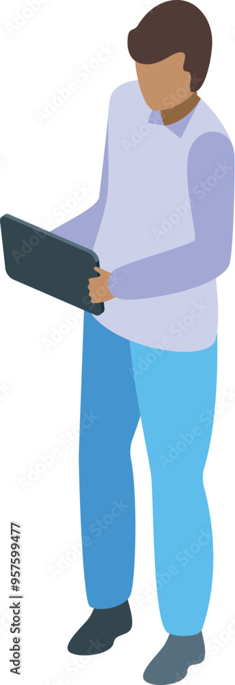 Aufkleber young manager is standing and using a tablet for work, potentially utilizing cloud technology