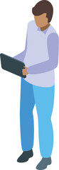 Young manager is standing and using a tablet for work, potentially utilizing cloud technology
