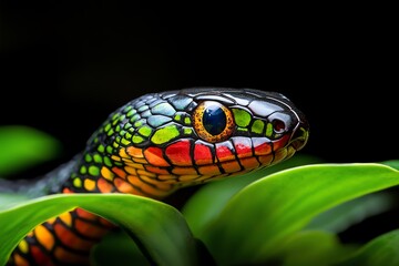 Fototapeta premium Snake Scales, Multicolor, and Forest depicted in a forest where a snake with multicolored scales slithers through the foliage, its vibrant colors contrasting with the green leaves