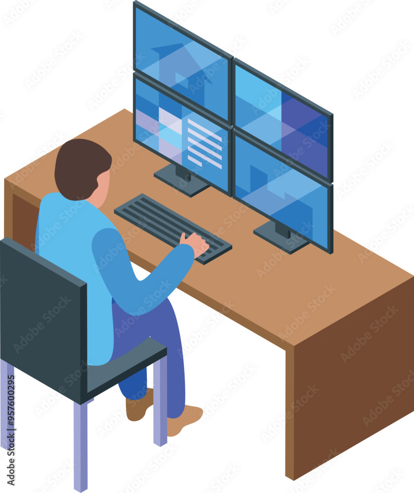 Poster security guard is monitoring a modern cctv system with multiple monitors, ensuring safety and securi