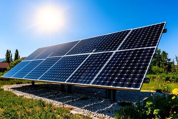 Solar Power Photovoltaic Solar Panels, Sunlit, and Green Energy depicted in a bright landscape where photovoltaic solar panels absorb sunlight, generating clean and sustainable energy