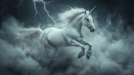 Majestic Unicorn in Storm: Powerful Action with Lightning Strikes in High Detail 8K Resolution, Generative Ai