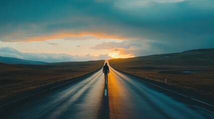 Silhouette of Person Walking on Empty Road at Sunset