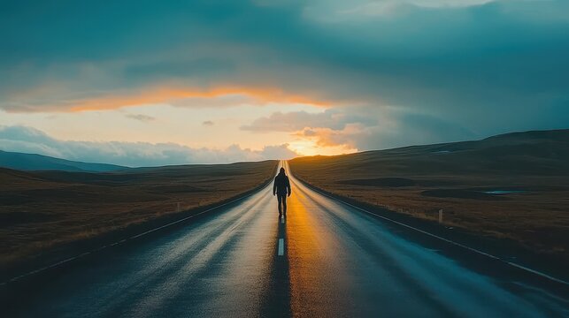 Silhouette of Person Walking on Empty Road at Sunset - Powered by Adobe