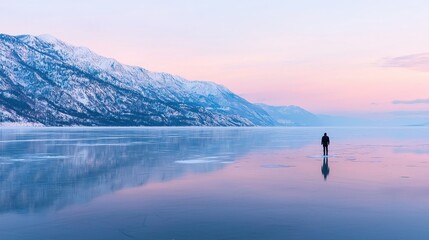 Fototapeta premium Silhouette of a Person on a Frozen Lake at Sunrise with Snowy Mountains in the Background