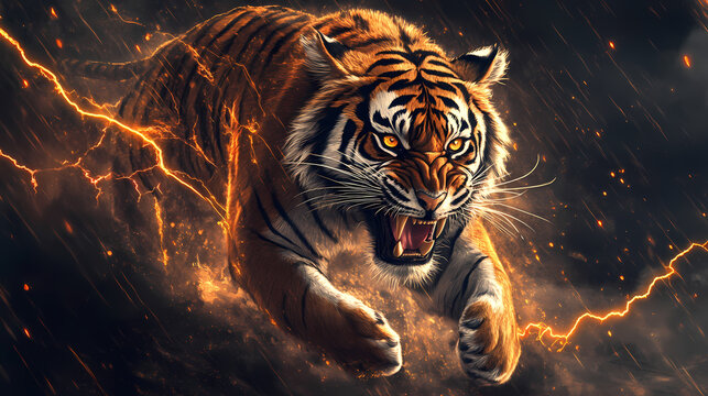 Fierce tiger with sharp teeth running visualized with energy and lightning on a dark background. Tiger. Illustration