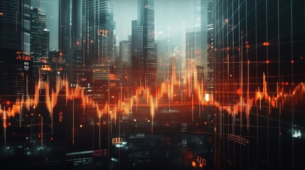 Naklejka premium Dynamic urban skyline with glowing data visualization reflecting technology's role in modern city life