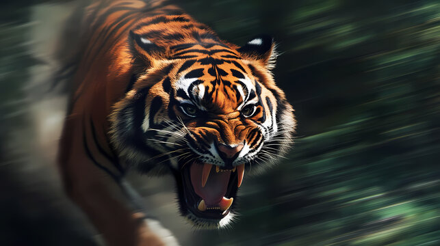 Furious tiger growling and sprinting aggressively, wildlife, action shot, with generative ai technology. Tiger. Illustration