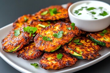 Tapas bite of zucchini fritters with a yogurt dipping sauce, illustrated in a scene where crispy zucchini fritters are served hot with a tangy yogurt dipping sauce, garnished with fresh herbs