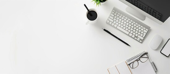 beautiful photo of computer desk on white background. Blank screen and copy space