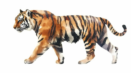 Obraz premium Watercolor walking tiger in profile on a white background. Tiger. Illustration